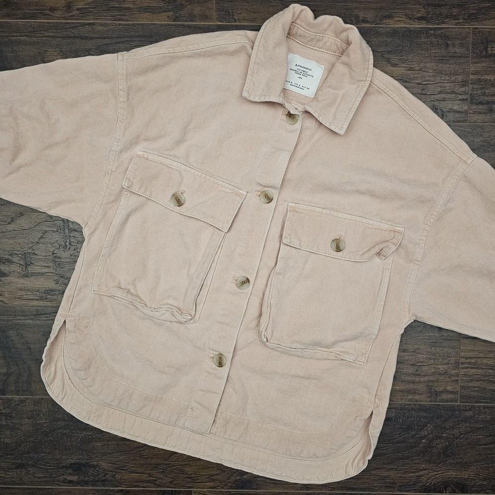 Stradivarius Womens Medium‎ Denim Cargo Jacket With Front Pockets Pink Spring